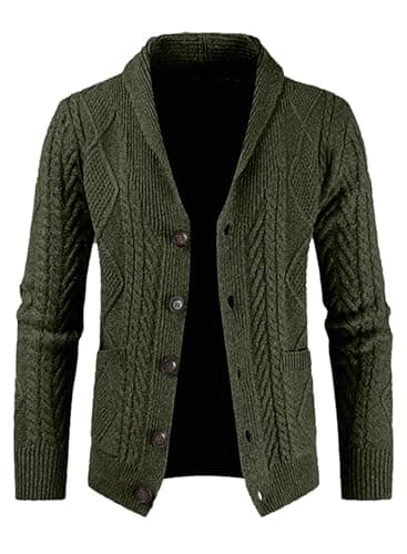 JMIERR Men's Cardigan Sweaters Fall Casual Long Sleeve Shawl Collar Button-Down Wool Blend Cable Knit Essentials Fisherman Sweater with Pockets,XL,Green