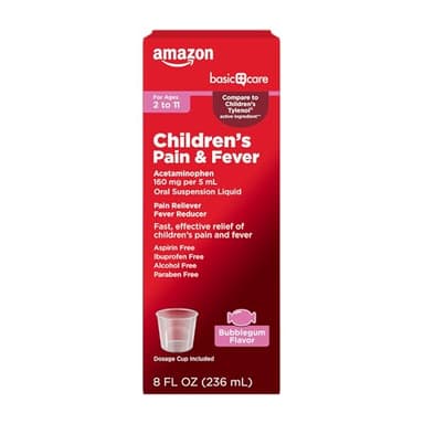 Amazon Basic Care Children's Pain and Fever Oral Suspension Liquid, Pain Reliever, Fever Reducer, Acetaminophen 160 mg per 5 mL, Bubblegum Flavor, 8 fl oz