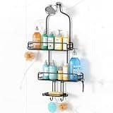 HAMITOR Shower Caddy Over Shower Head: Adjustable Large Hanging Shower Organizer with Soap Holder - Bathroom Shelf Shampoo Storage Rack with 3-Tier Baskets - 4 Movable Hooks for Razor Loofah-Black