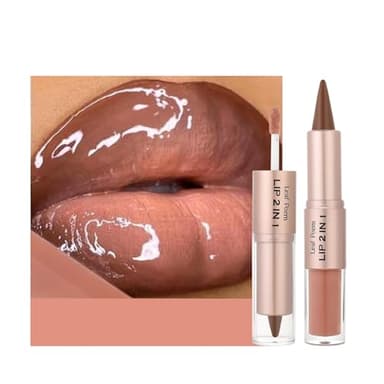 BAISEN DIARY 2-in-1 Double-Ended Matte Lip Liner & Lip Gloss Duo, Caramel Brown Nude Ombre Lip Combo Pencil, Lip Liner and Lipstick Gloss Set for Defined & Fuller Looking Lips, #06 Caramel Brown Nude