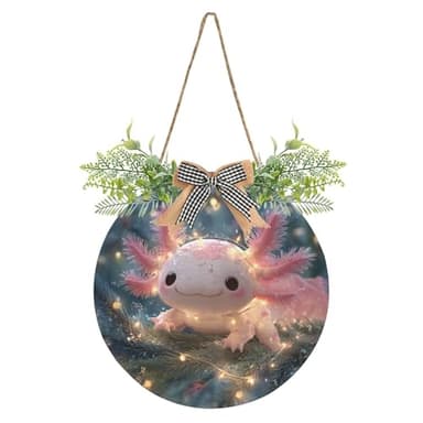 KOCOART Door Wreath Cute Axolotl Christmas Lights Rustic Farmhouse Hanging Front Door Sign Round Wall Decoration for Home Porch Bedroom Office Garden Indoor Outside