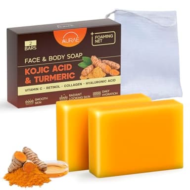 AURAE Kojic Acid & Turmeric Soap Bar for Clear, Hydrated Skin, Gentle Face & Body Cleanser with Vitamin C, Retinol, Collagen & Hyaluronic Acid, Paraben & SLS Free ((3.5oz x 2 Bars)