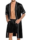 SWOMOG Mens Silk Satin Robe with Shorts Set 2PCS Short Sleeve Kimono Bathrobe Soft Sleepwear Pjs Sets with Pockets Black Medium