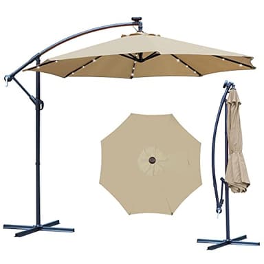 Blissun 10ft Offset Umbrella with 36 Solar LED Lights, Hanging Lighted Patio Umbrella with 360 Rotation, Outdoor Cantilever Umbrella (Tan)