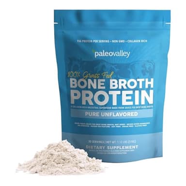 Paleovalley 100% Grass Fed Beef Bone Broth Protein Powder - Rich in Collagen Peptides for Hair, Skin, Gut Health, Bone and Joint Support - 15g Protein Per Serving - No Gluten or GMOs