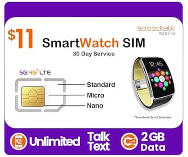 SpeedTalk Mobile Smart Watch SIM Card Kit – 5G 4G LTE Wearables | Unlimited Talk and Text 2GB Data | 3-in-1 Triple-Cut SIM | Prepaid Plan | smartwatch & Wearable Wireless Service