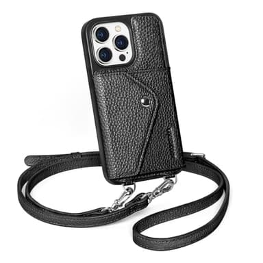 LUCKYCOIN for iPhone 14 Pro, Crossbody Wallet Phone Case with Expandable Card Holder, Premium Full Grain Leather Phone Purse with Adjustable Strap, Hands-Free Wallet Cover for Woman - Pebble Black