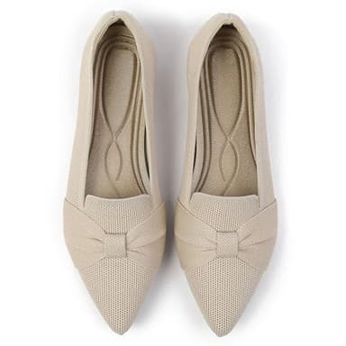 AHZEHRSE Flats for Womens Classic Pointed Toe Ballet Flats Comfortable Knit Dressy Bow Flats Shoes Beige