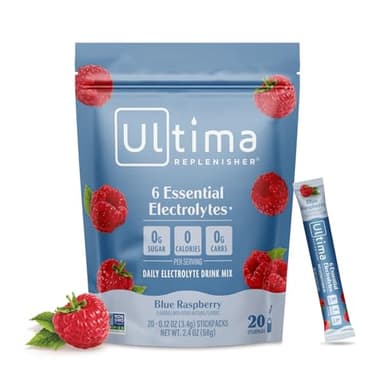 Ultima Replenisher Daily Electrolyte Powder – Blue Raspberry, 20 Stickpacks – Zero Sugar Hydration Packets with 6 Electrolytes and Minerals – Sugar Free, Plant Based & Keto Friendly Drink Mix