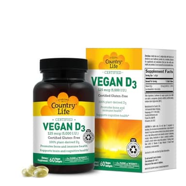 Country Life Vegan D3 5000 IU – Plant-Derived Vitamin D3 from Lichen – Certified Vegan, Gluten-Free, Non-GMO – Clean, Simple Formula – 60 Softgels