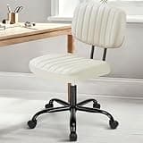 DUMOS Armless Home Office Desk Chair -Small Ergonomic with Low Back Lumbar Support, Height Adjustable PU Leather Computer Task with 360° Swivel Rolling Wheels, for Small Space, Beige White