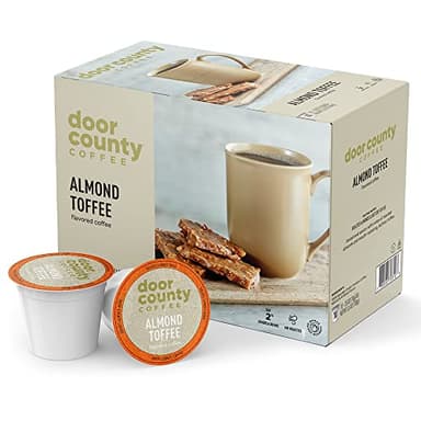 Door County Coffee Almond Toffee Flavored Ground - 10 Count Single Serve Cups - Medium Roast - 100% Specialty Arabica - Flavored Gourmet - Roasted Almonds &Toffee Flavored