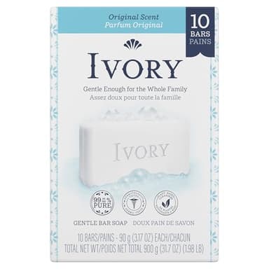 Ivory Gentle Bath Bar Soap, Designed for Whole Family, 99.44% Pure Formula, Plant-Based Cleansers, Made Without Heavy Perfumes, Parabens or Phthalates, Original Scent, 3.17 oz (10 Count)