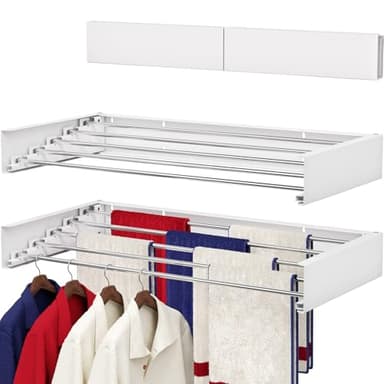 SOLVESTIS Wall Mounted Drying Rack 31.5", Foldable Laundry Drying Rack with Stainless Steel Rods, Retractable Laundry Space Saver for Indoor & Outdoor Use, Include Wall Template