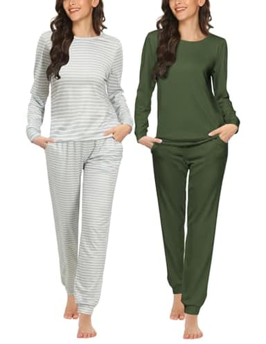 Ekouaer 2 Pack Women's Pajama Set Long Sleeve Top with Jogger Pants Lounge Sets Sleepwear Loungewear with Pockets Army Green&Grey Stripes Large