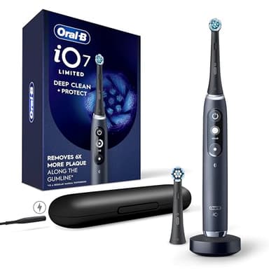 Oral-B iO Deep Clean + Protect Rechargeable Electric Toothbrush, Black, iO Series 7, 2 Replacement Brush Heads, Charging Travel Case (package may vary)