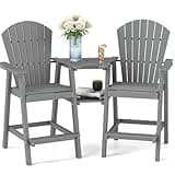 FOOWIN Tall Adirondack Chairs Set of 2,Recycled Poly Balcony Chair with Double Connecting Tray Patio Stools Weather Resistant for Outdoor Deck Lawn Pool Backyard Grey