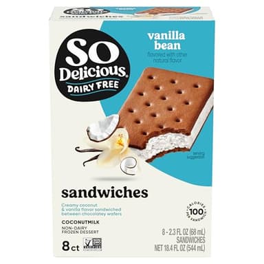 So Delicious Dairy Free Coconut Milk Frozen Dessert Sandwich, Vanilla Bean, Vegan, Non-GMO Project Verified, 8 Pack