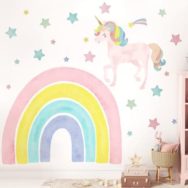 Affrolling Unicorn Wall Decals 36 x 36 Inch Large Rainbow Wall Decal with Star Pastel Rainbow Decor Cool for School Waterproof Peel Stick for Girl Bedroom Baby Nursery Classroom Birthday Party Decor