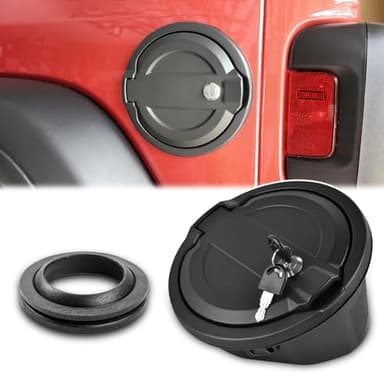 MuHize Fuel Filler Door Cover, Locking Gas Tank Cap Cover Compatible with Jeep Wrangler Accessories 2007-2018 JK Unlimited Rubicon Sahara, Aluminum, with Lock