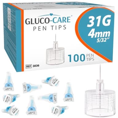 GLUCO-CARE Pen Tips 31G x 4mm, Universal Fit, 100/bx, Comfort Design, Extra Thin-Wall Technology for Optimal Flow and Fast delivery