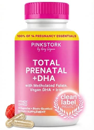 Pink Stork Total Prenatal Vitamins with DHA, Folate, Iron, Choline, and Vitamin B12 - Prenatals for Women to Support Fetal Development, Pregnancy Essentials, Berry Essence, 60 Capsules, 1 Month Supply