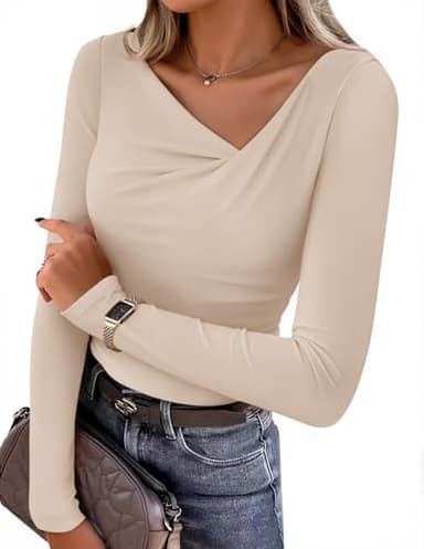 ZESICA Women's Long Sleeve Asymmetrical Neck Ruched Slim Fit Shirts 2026 Fall Fashion Business Casual Tops, Sand, S