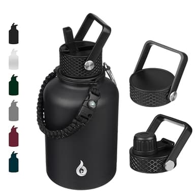 BJPKPK Insulated Water Bottles with Straw Lid, 50oz Large Water Jug, Stainless Steel Vacuum Bottles, Hot & Cold Thermo with 3 Lids and Paracord Handle, Black