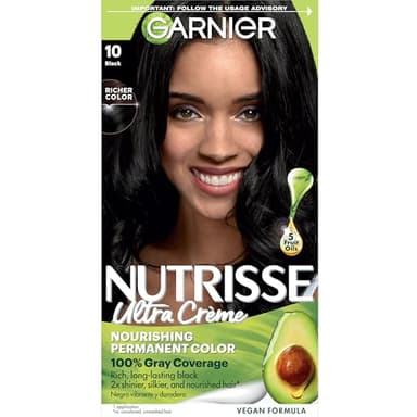 Garnier Nutrisse Ultra Crème Hair Color, Permanent Hair Dye with 100% Gray Coverage, Vegan & Cruelty-Free, 10 Black (Licorice), 1 Count