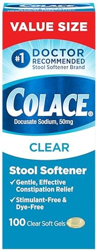 Colace Clear Stool Softener for Gentle Effective Constipation Relief, #1 Doctor Recommended Stool Softener Brand, Dye Free, 50 mg Docusate Capsules, 100 Count