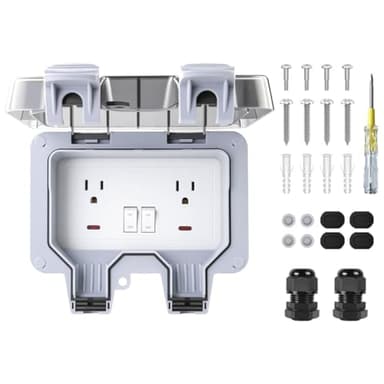 Double Outdoor Outlet, IP66 Weatherproof Exterior Wall Electrical Box, Outdoor Power Outlet with Switch Waterproof Socket Indicator Screwdriver, 2-Gang Exterior Outlet, for Outside Halloween Christmas