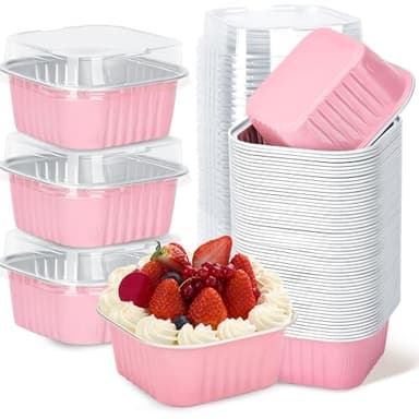 ylnurac 30Pack 5oz Pink Mini Cake Pans with Lids Baking Cups Aluminum Foil Pans Tins, Individual Dessert Cups Containers for Sales,Party,Picnics