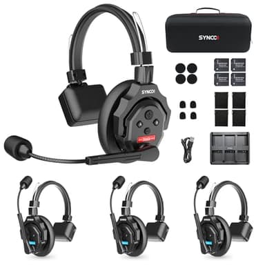 SYNCO XTALK Full Duplex Wireless Intercom Headset System for 4 Person, 24H Workingtime 350M/1148FT AEC Noise Cancellation Team Communication Intercom Headsets for Event Production Filming (XTALK X4)