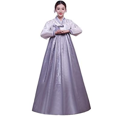 XINFU Women's Korean Traditional Hanbok Sets Long Sleeve Colorful Cosplay Costume Dress, Whitegrey, X-Large