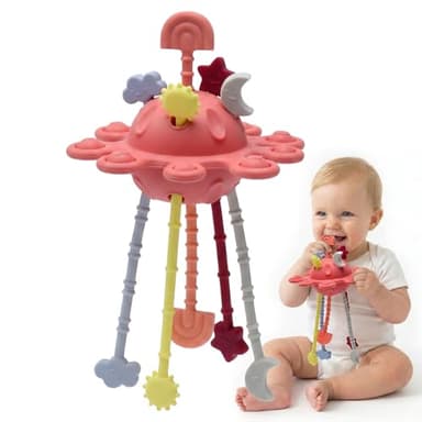 Silicone Baby Sensory Pull String Toy for 18+ Months, Montessori Toys for Toddlers, Sensory Activity Travel Toy for Airplane Car Seat Stroller, Fine Motor Skills Early Learning Gift (Peach Pink)