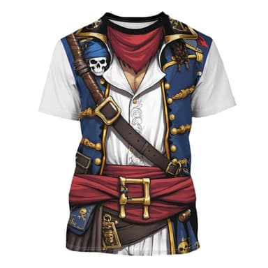 THE PIRATE KING Anime Pirate Captain T-Shirt Funny Cosplay Costume Knight Tee Crewneck Short Sleeve Casual Top Unisex Blue