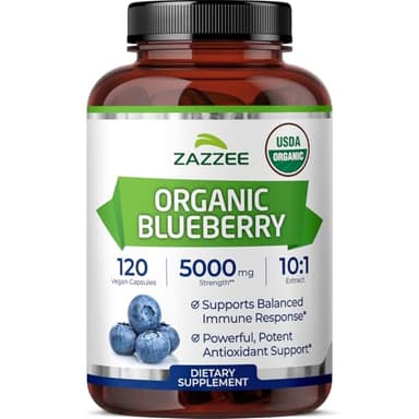 Zazzee USDA Organic Blueberry 10:1 Extract, 120 Vegan Capsules, 4 Month Supply, Whole Fruit, Vaccinium Angustifolium, Antioxidant & Cellular Health Support, Herbal Supplement, Non-GMO, Made in the USA