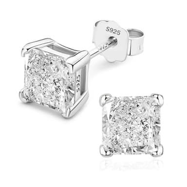 Sterling Silver Stud Earrings for Women, Princess Cut 6MM (2.5Ct/Pair) 5A Cubic Zirconia CZ Stud Earrings for Men Hypoallergenic, Jewelry Gifts for Birthday Christmas