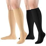 OUIVIAL Zipper Compression Socks Close Toe 2 Pairs for Women&Men 15-20mmHg Knee High Support Socks for Running Cycling