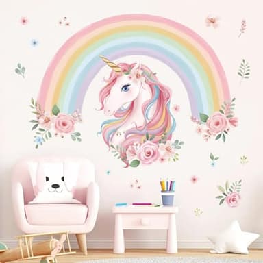 wondever Large Rainbow Wall Decals Unicorn Flower Peel and Stick Wall Art Stickers for Girls Bedroom Kids Room Baby Nursery
