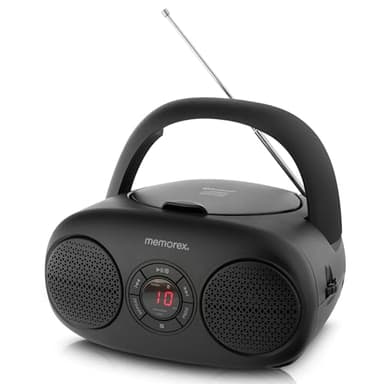 Memorex AM/FM Top Loading CD Player | Portable Stereo with Programmable Memory | Auxiliary Input and LED Display (Black, CD Boombox)