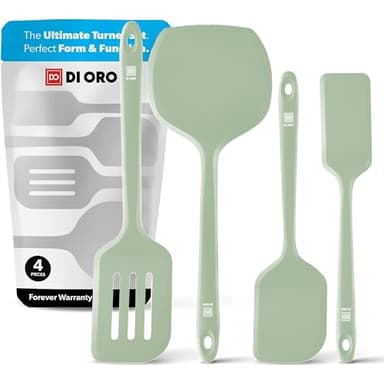 New DI ORO Silicone Turner Spatula Set - Kitchen Spatulas for Nonstick Cookware - Cooking Utensils for Flipping Eggs & Pancakes - 600°F Heat-Resistant BPA Free Turners - Dishwasher Safe (4pc, Sage)