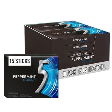 5 GUM Peppermint Cobalt Sugar Free Chewing Gum Bulk, Stimulate Your Senses While Listening to Your Favorite Music, Mini Purse Essentials, 15 Sticks (Pack of 10)