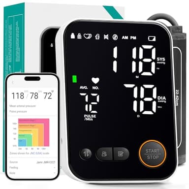 Blood Pressure Monitor Upper Arm - Bluetooth iOS & Android Compatible One-Button Operation Voice Broadcast Large LED Display Backlit 2x120 Memory Adjustable Cuff 8.7"-16.5" with Storage Bag Black
