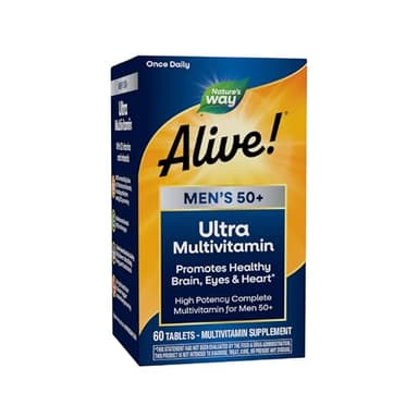 Nature's Way Alive! Men’s 50+ Daily Ultra Multivitamin, High Potency Formula, Supports Healthy Brain, Eyes & Heart*, with Methylated B12, Gluten-Free, 60 Tablets (Packaging May Vary)