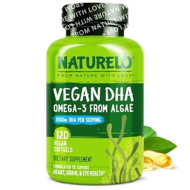 NATURELO Vegan DHA, Vegan Omega 3 Supplement, 120 Softgels, Supports Brain/Heart/Eye Health, Complements Prenatal Vitamins, Essential Fatty Acids, Omega 3 Supplement for Women & Men