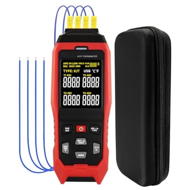 Thermocouple Thermometer Temperature Data Logger 4-Channel K/J/T Type Thermometer with 5000 Groups Data Logging and USB Export, -328~2501℉ Range HVAC Thermocouple Meter with Alarm & ADJ Compensation