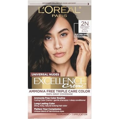 L’Oreal Paris Excellence Universal Nudes Permanent Hair Color, Ammonia Free Hair Dye for Gray Hair Coverage, 2N Natural Soft Black, 1 Hair Dye Kit