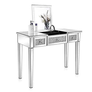 VINGLI Mirrored Vanity Table, Silver Vanity Desk with Flip-Up Mirror, 3 Drawers, Glass Crushed Diamond, Bling Mirror Vanity Desk for Women Girls Bedroom Entryway Home Office Writing Desk