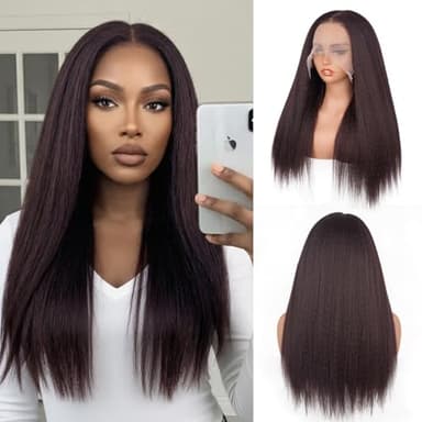 Cemuto Kinky Straight Lace Front Wigs Pre Plucked with Baby Hairs 180% Density Yaki Straight 13x6 Synthetic Transparent HD Glueless Lace Wig as Human Hair Dark Burgundy 22 Inch